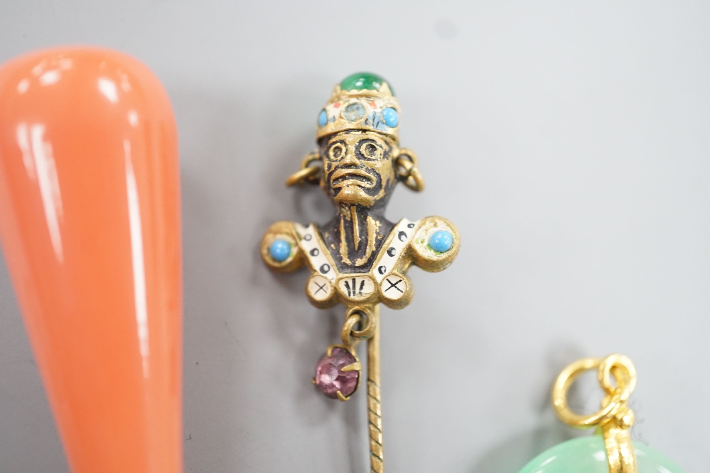 An 18k mounted jade set teardrop shaped pendant, 36mm and three other items of jewellery, including a seal and stick pin.
